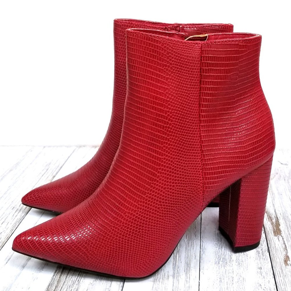 New Red Snake Chunky Heel Point Toe Booties Boots